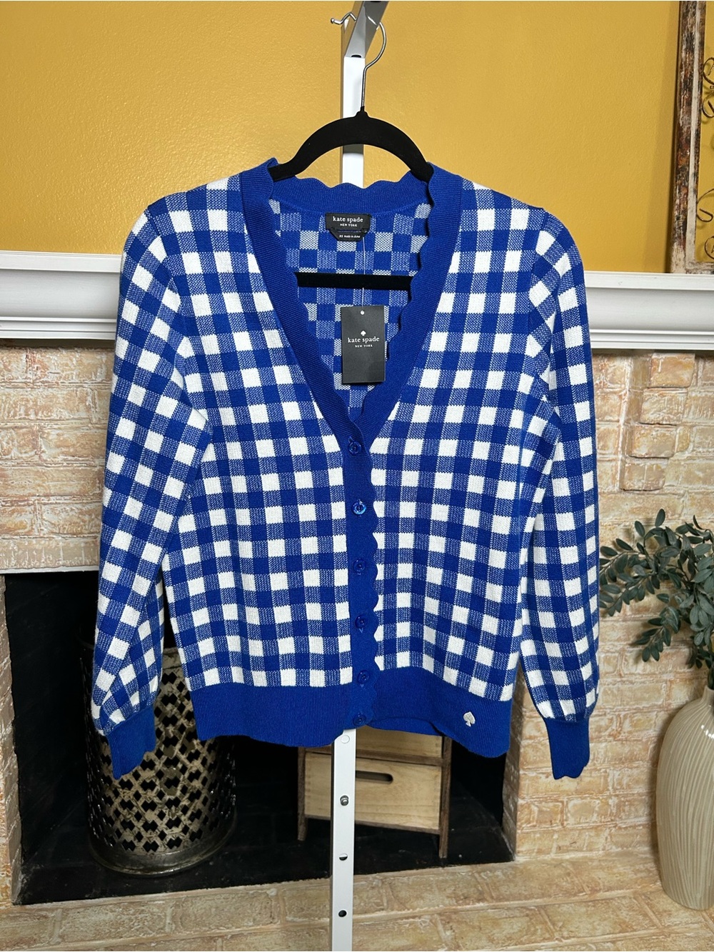 Kate Spade New York Gingham Scalloped Cardigan Blueberry NWT old money preppy - Picture 2 of 4